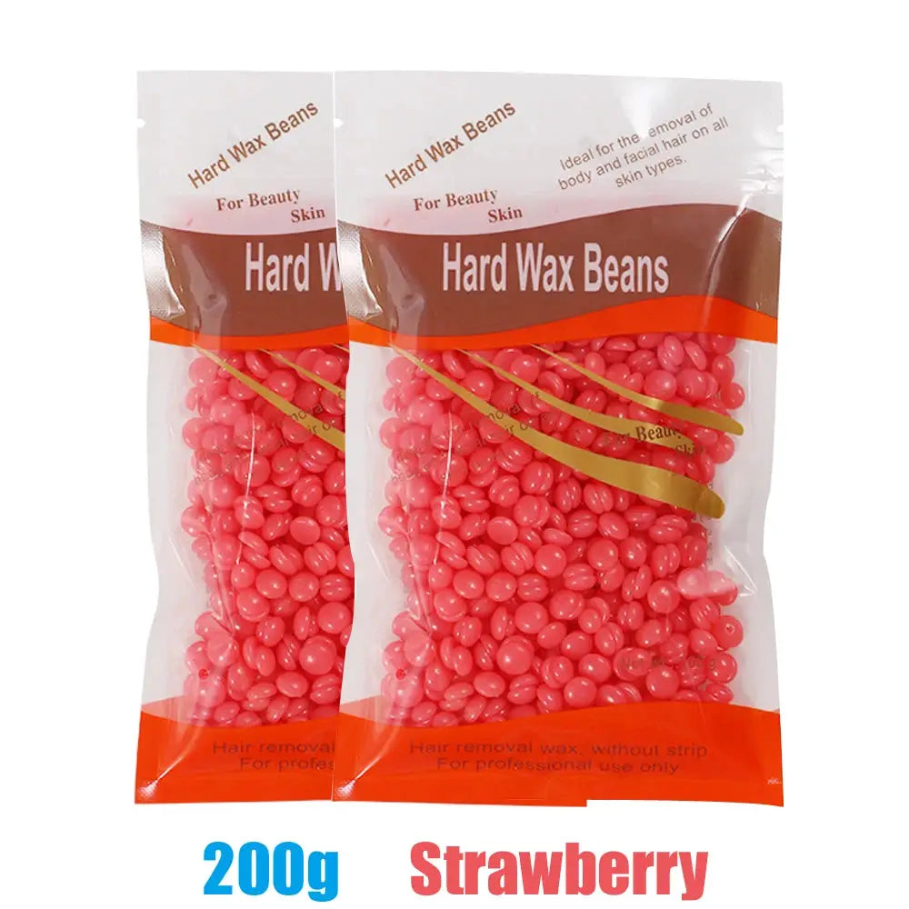 Two bags of strawberry hard wax beans, 200g each, pink beads for waxing.