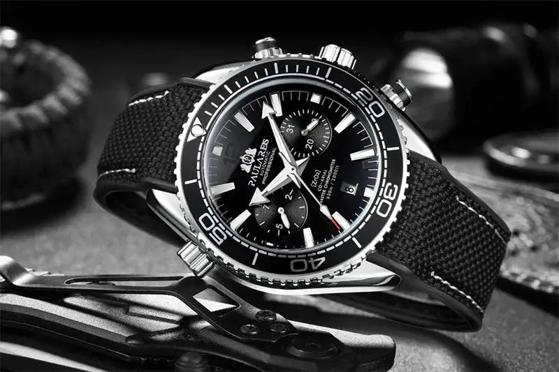 Paulareis P luxury men's automatic watch with black dial, metal case, and black rubber strap
