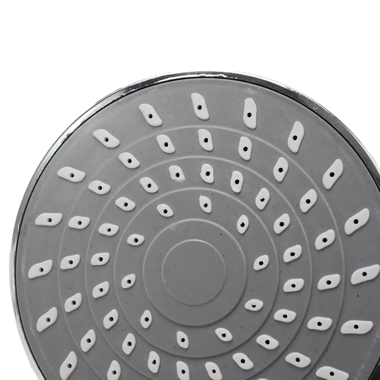 Adjustable rainfall shower head face, circular gray with white silicone nozzles and chrome rim