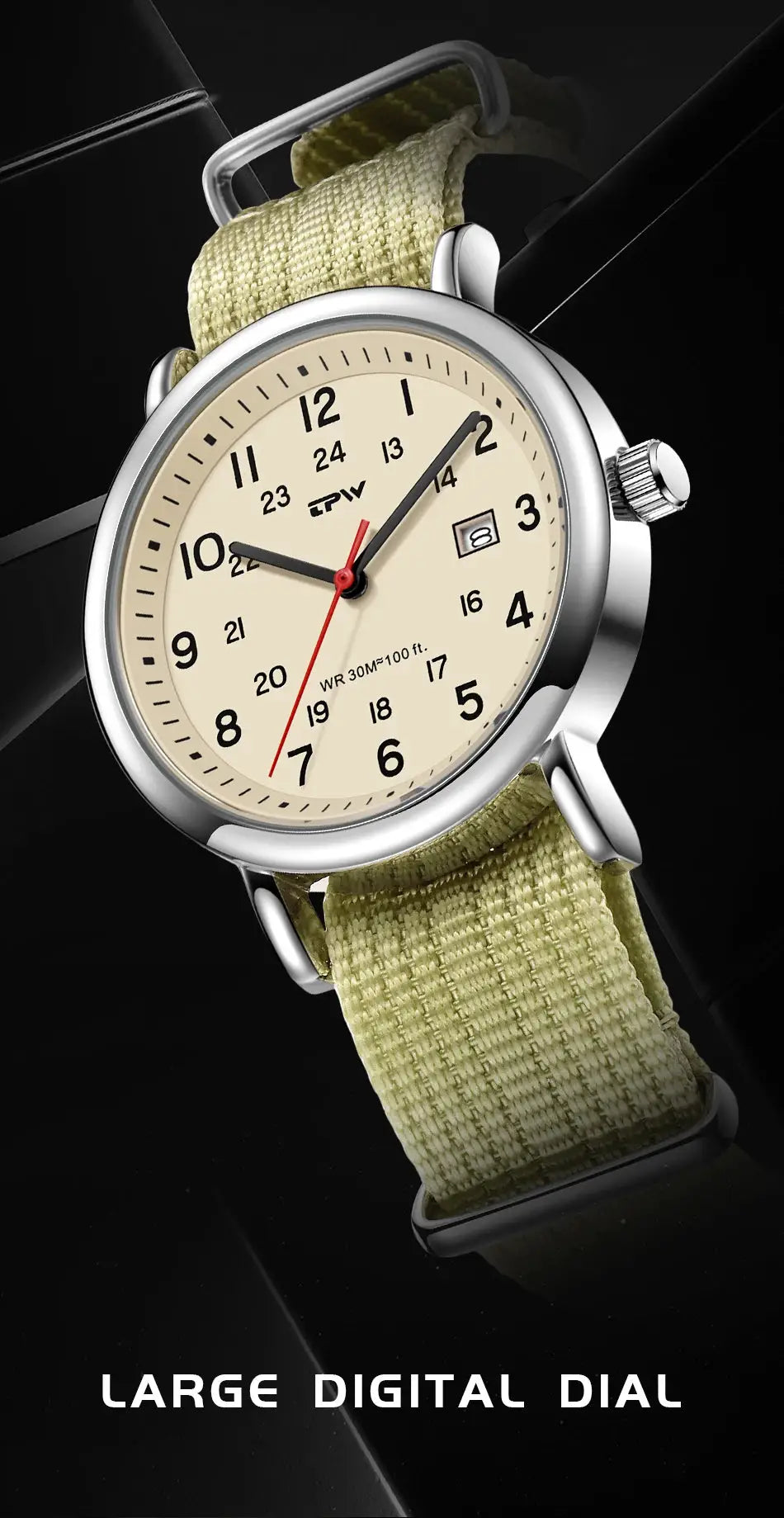 TPW Field Watch by Simples Market with beige dial, 24-hour display and khaki fabric strap