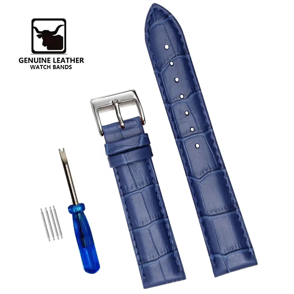 Simples Market blue genuine leather watch bands (two pieces) with buckle, tool and pins (12–24 mm).