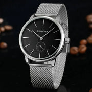 T-WINNER men’s mesh-strap watch with black dial, silver stainless steel case and baton indices.