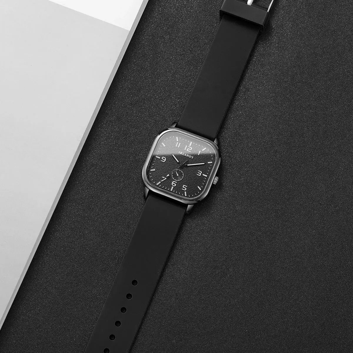Irlandy square fashion watch with black silicone strap and grey textured dial