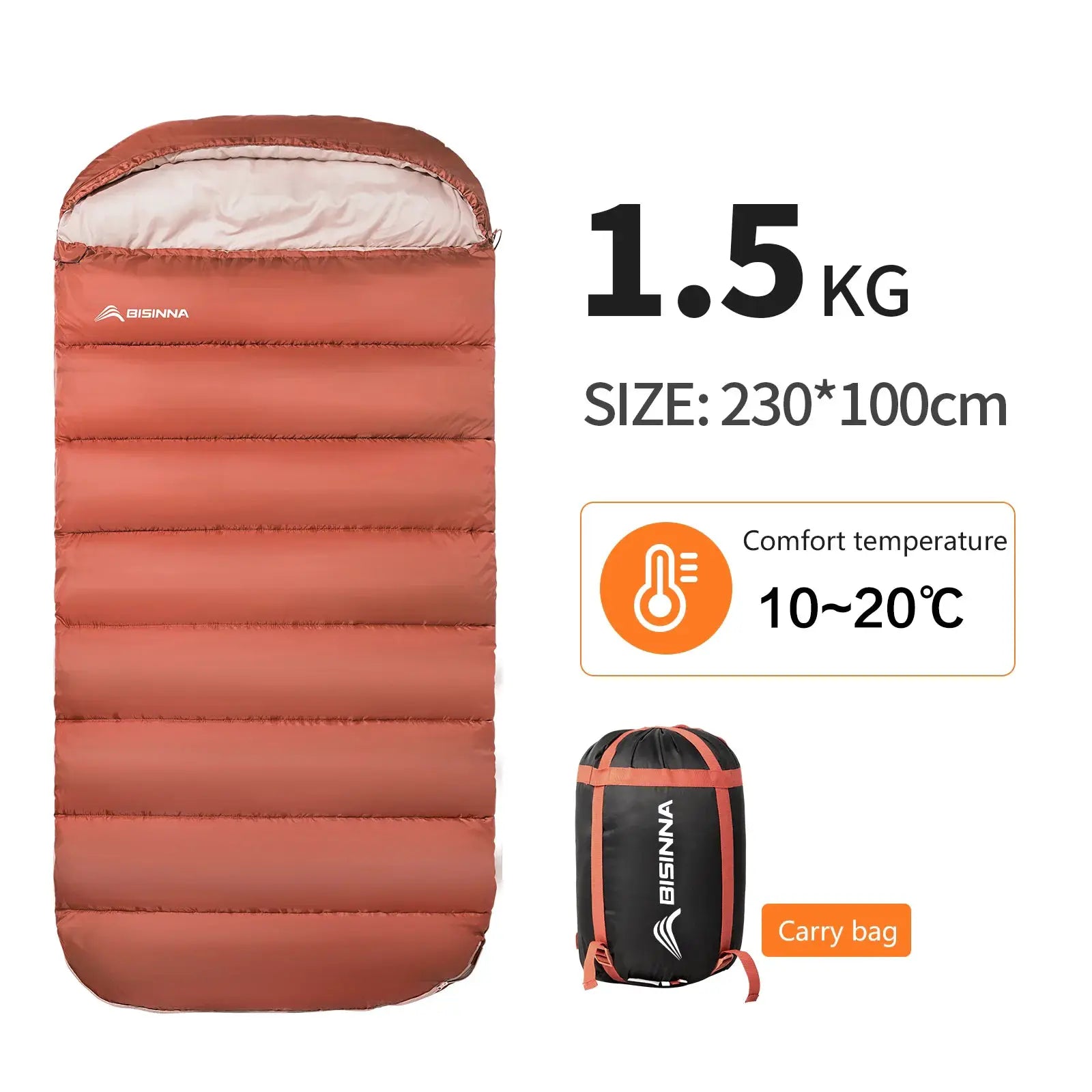 BISINNA large camping sleeping bag in orange gradient, 230x100 cm, 1.5 kg with carry bag