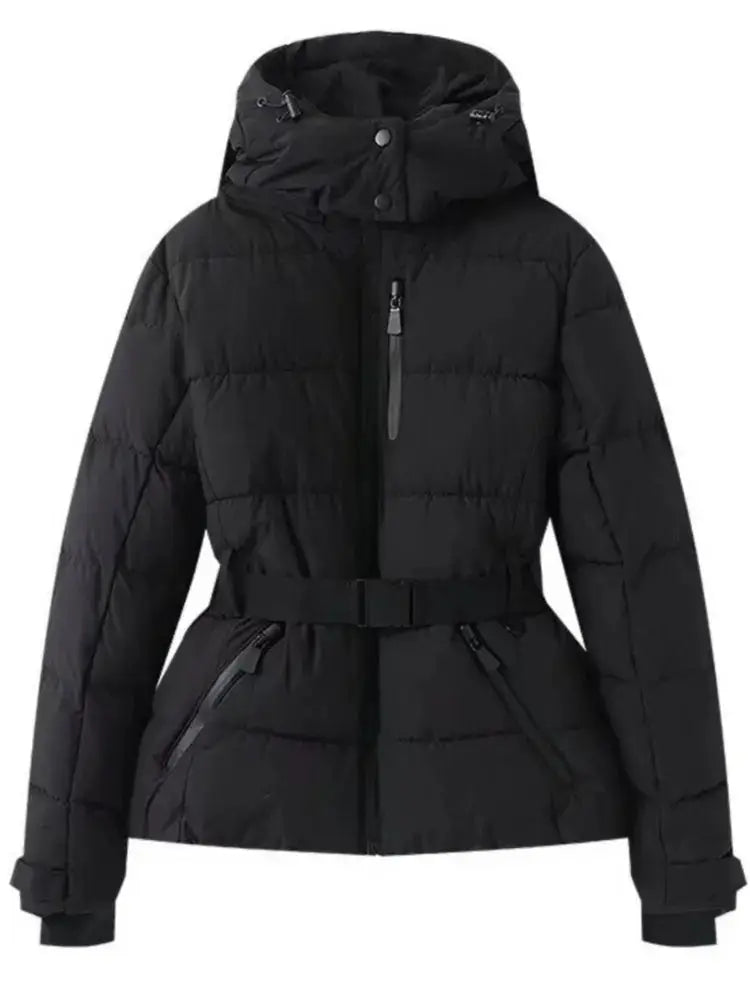 FrostPeak Womens Winter Hooded High Waist Padded Parka Belted Windproof Insulated Coat With Pockets For Skiing