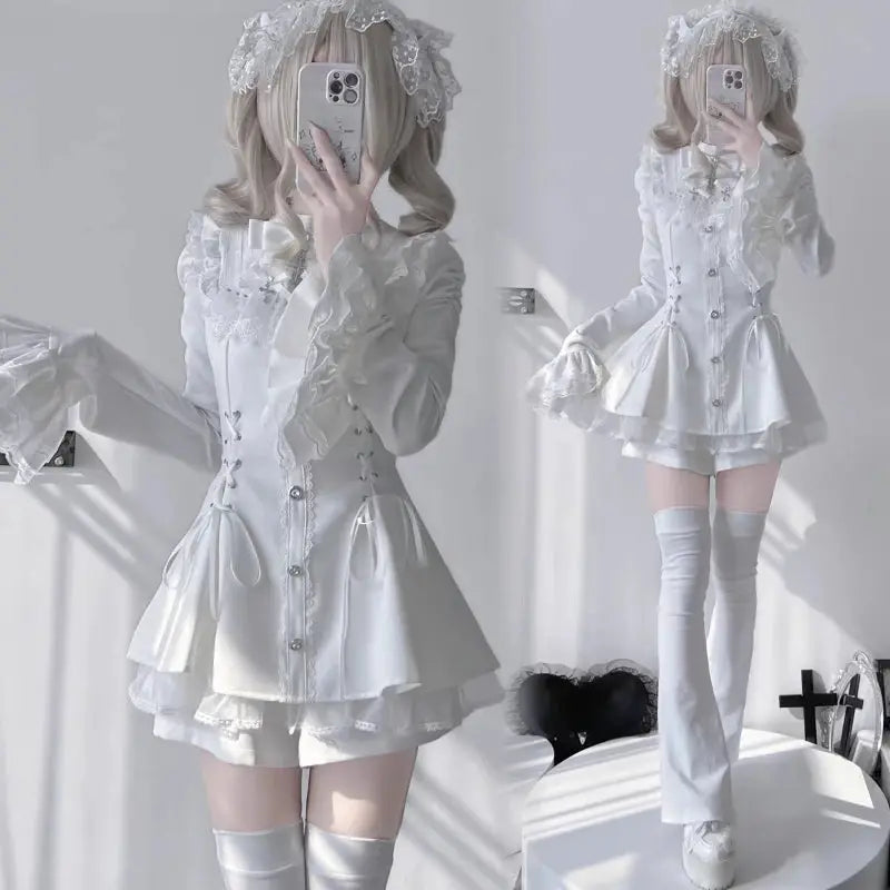 Japanese Gothic Lolita Dress Set Women Harajuku Y2K Bow Lace Ruffles