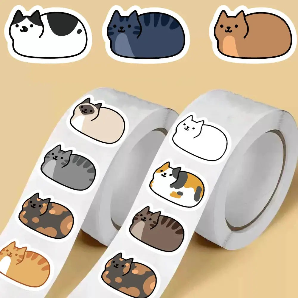 500pcs kawaii cat sticker roll by Simples Market with assorted colored cats on waterproof stickers