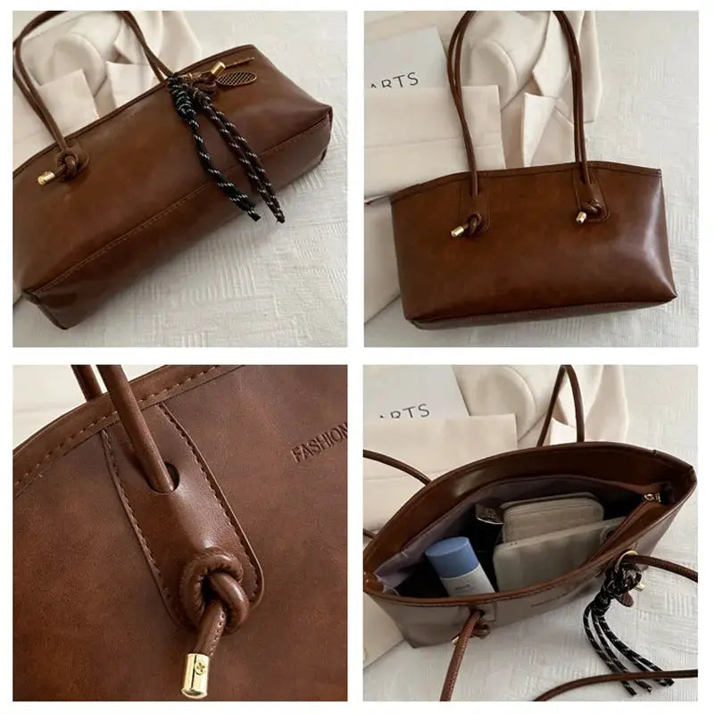 European American Retro Tote Bag, brown leather with top handles and tassel, large-capacity