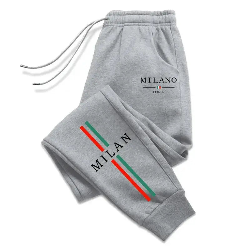 Men's gray Milan print jogger pants with red and green stripes, casual sportswear