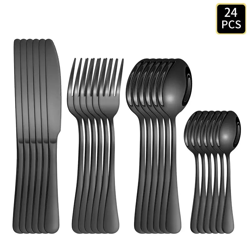 Black Stainless Steel Cutlery Set 1010 Round Handle Knives Forks Spoons 4 6 16 24 Piece for Home and Hotel
