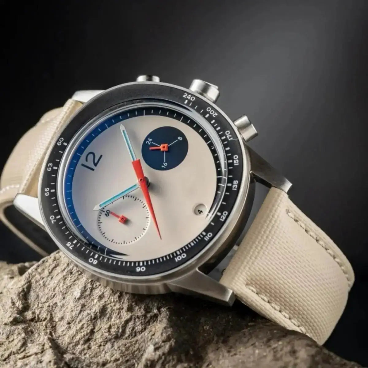 Men's CILOA luxury automatic wristwatch with beige strap, silver dial and black tachymeter bezel