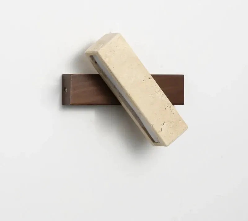 Natural stone wall lamp sconce with beige block on brown wooden backplate