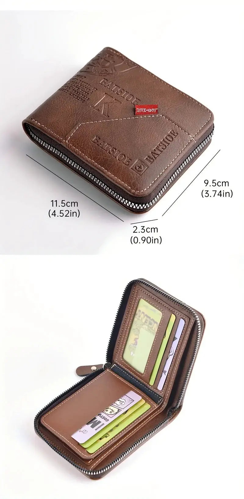 Men's brown PU wax oil skin zip-around wallet with card slots and ID window by Simples Market