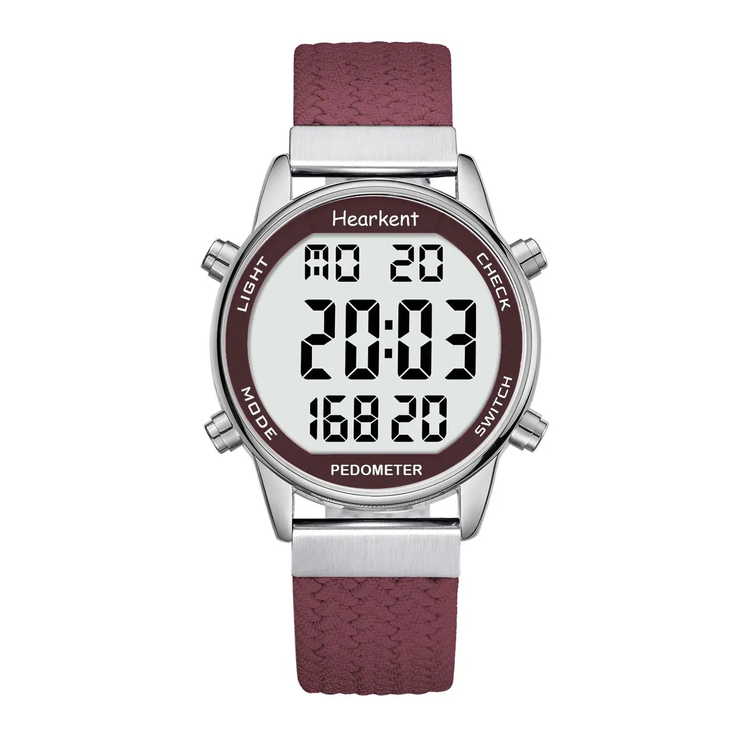 Hearkent pedometer sport watch with burgundy strap and digital display showing time and steps.