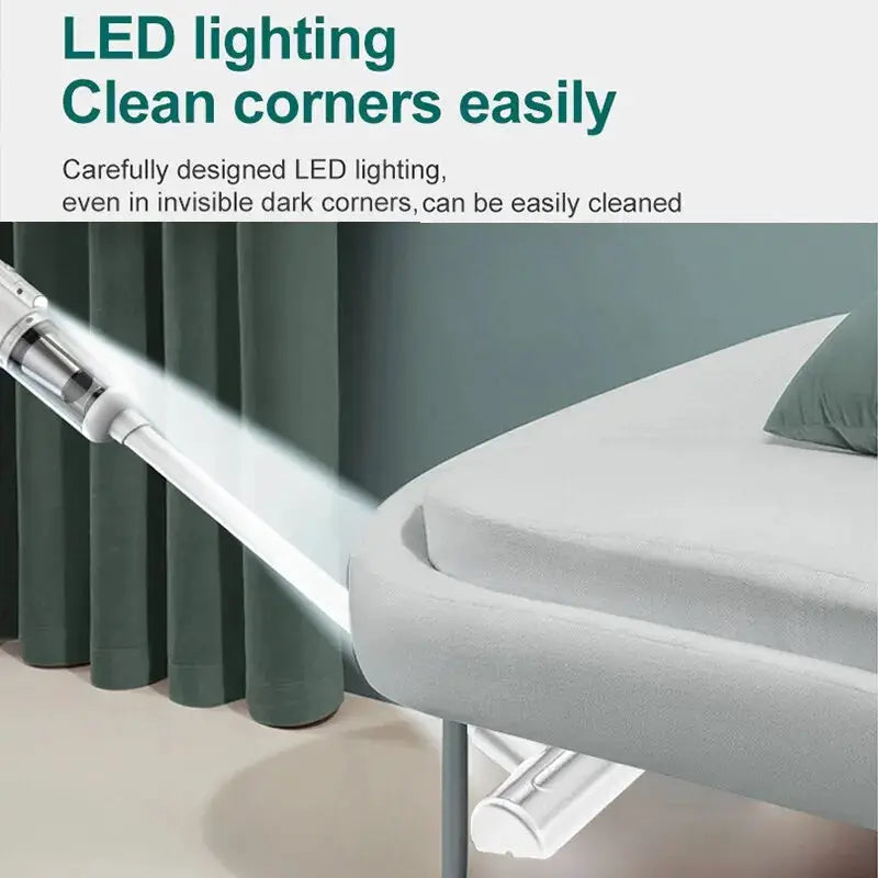 White handheld cordless vacuum cleaner with wand for cleaning sofa edges and car interiors.