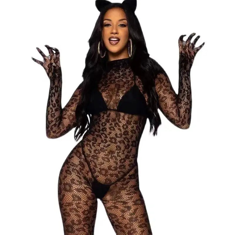 LaceNova Leopard Print Mesh Bodystocking See Through Crotchless Backless Full Sleeve Lingerie Bold Silhouette