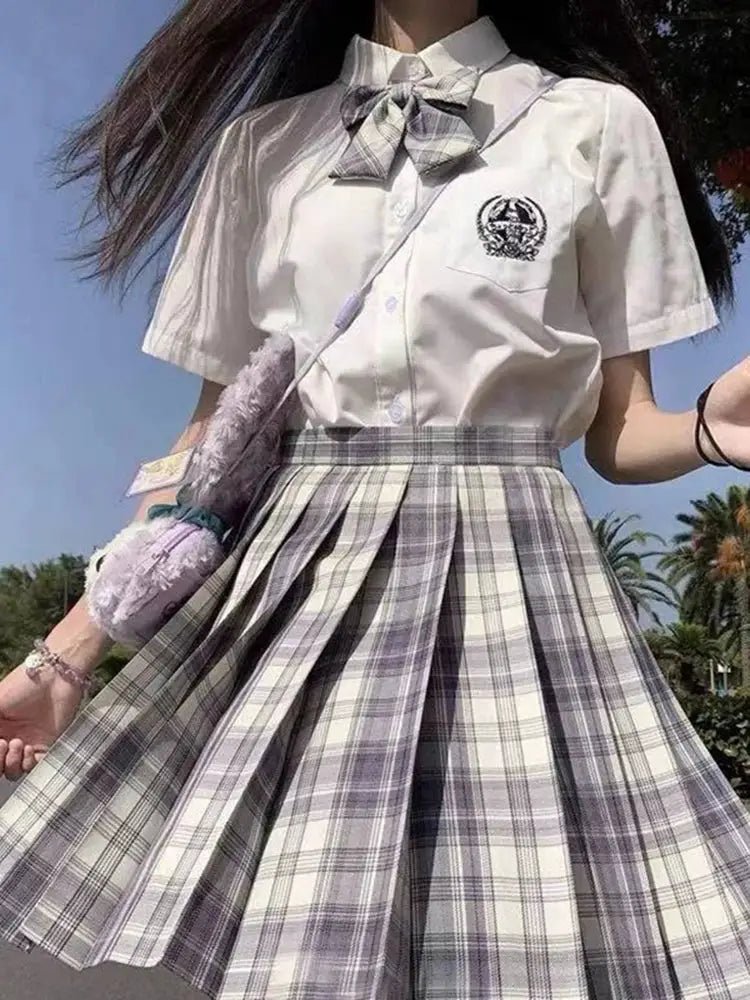 ZOKI plaid pleated skirt, high-waisted gray plaid, women's fashion