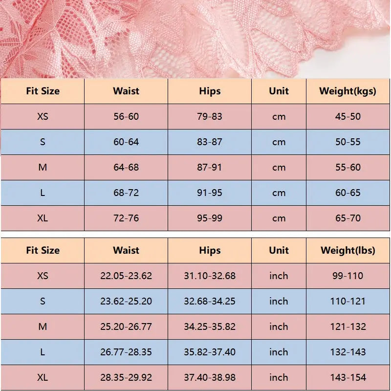 FINETOO pink lace hollow-out underwear size chart with waist and hip measurements, Simples Market.