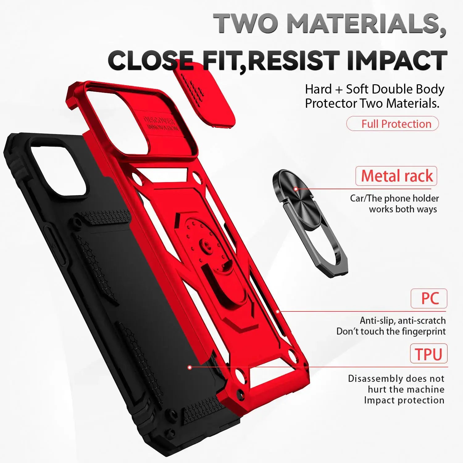 Armor shockproof magnetic ring stand case by Simples Market, red metal frame with black TPU inner for iPhone models