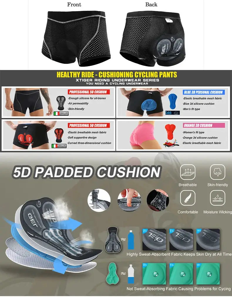 X-TIGER men's cycling underwear with 5D gel cushion; black mesh MTB boxer shorts by Simples Market