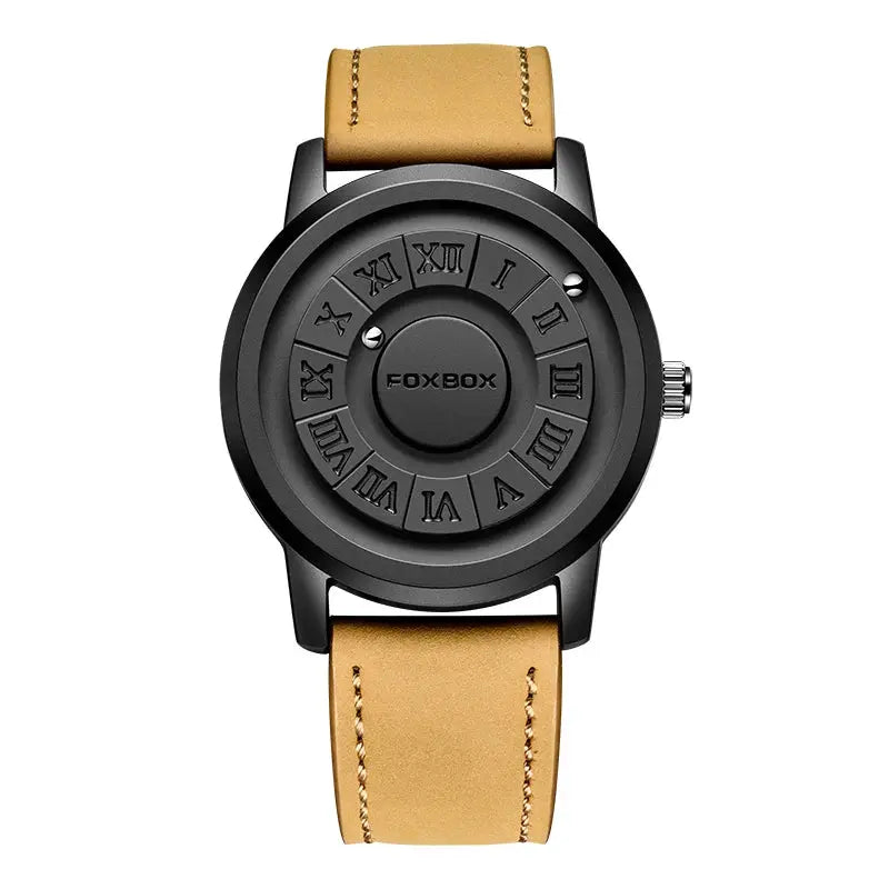 FOXBOX watch by Simples Market with black circular dial and tan leather strap
