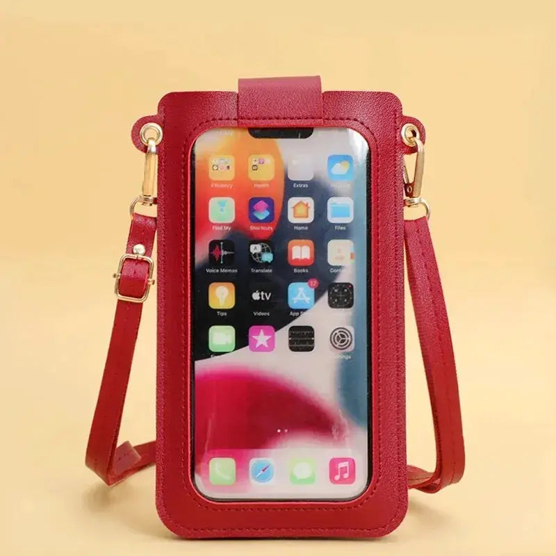 Red leather crossbody phone bag with clear touchscreen window and adjustable strap