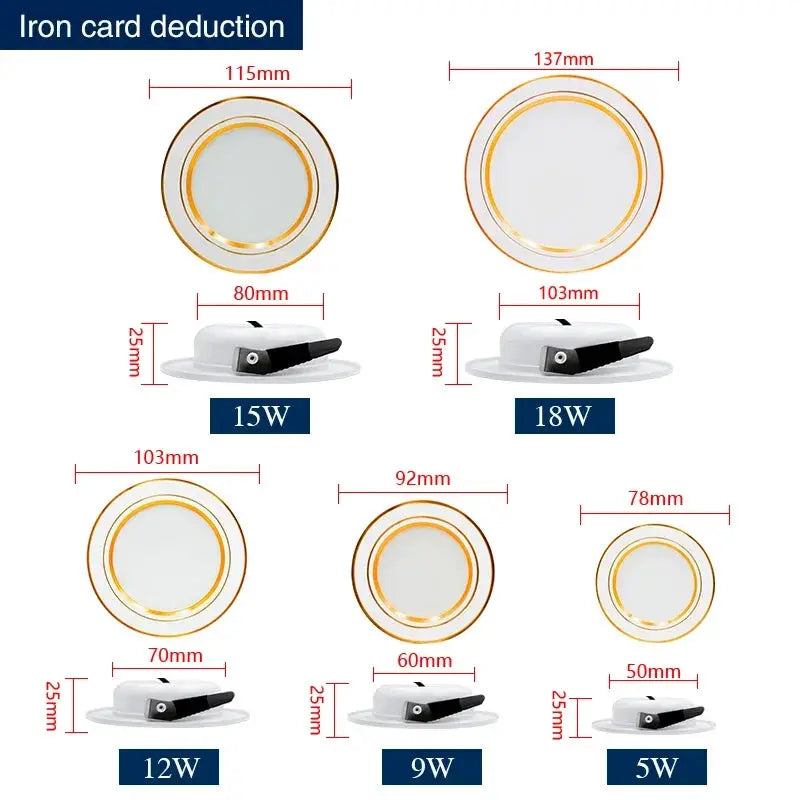 Simples Market LED downlight recessed round ceiling lamps set of 5 (5W–18W) with white faces and gold ring accents