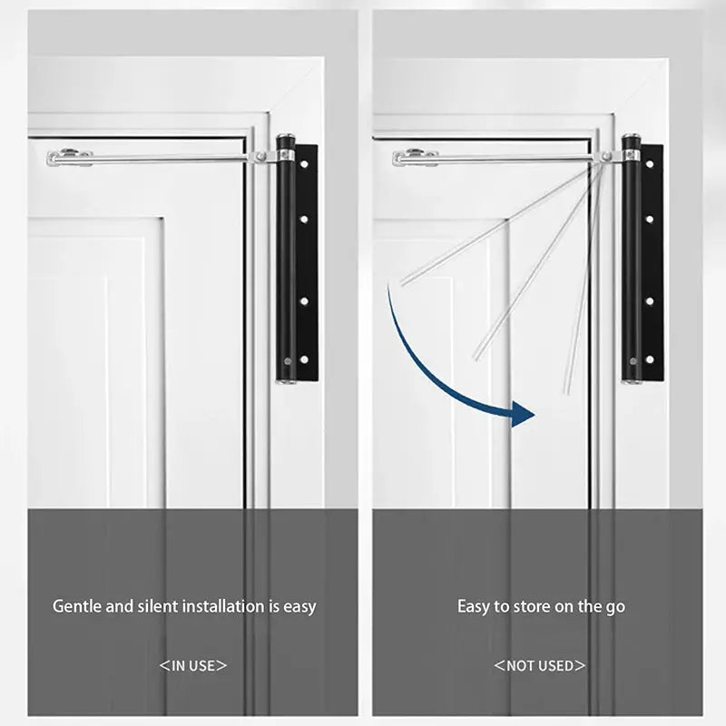 Automatic door closer by Simples Market in lightweight stainless steel for residential use with mounting screws.