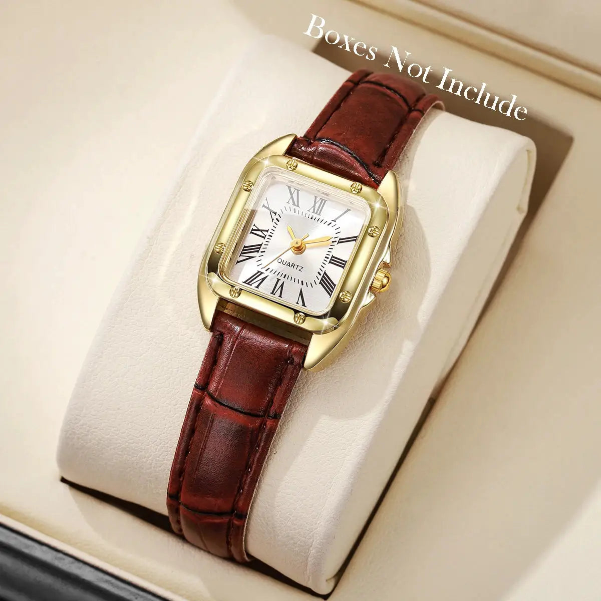 Fashion square women's quartz wristwatch with Roman numeral dial, gold-tone case and brown leather strap.