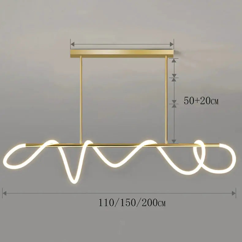 Nordic gold-tone chandelier pendant light with neon-wave LED tubing; widths 110/150/200 cm, Simples Market