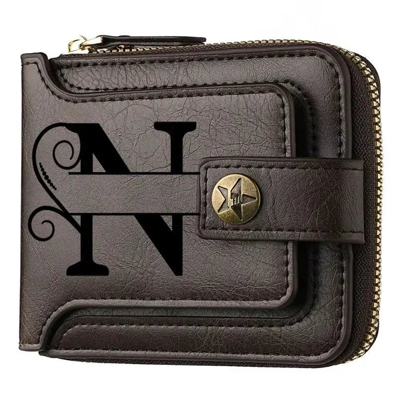 Personalized PU leather zip-around short wallet with chain in brown, engraved initials NL, bifold style.