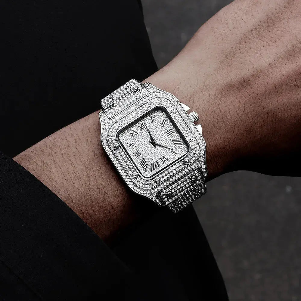 Classic Luxury Mens Steel Strap Square Rhinestone Quartz Watch for Elegant Business Timekeeping