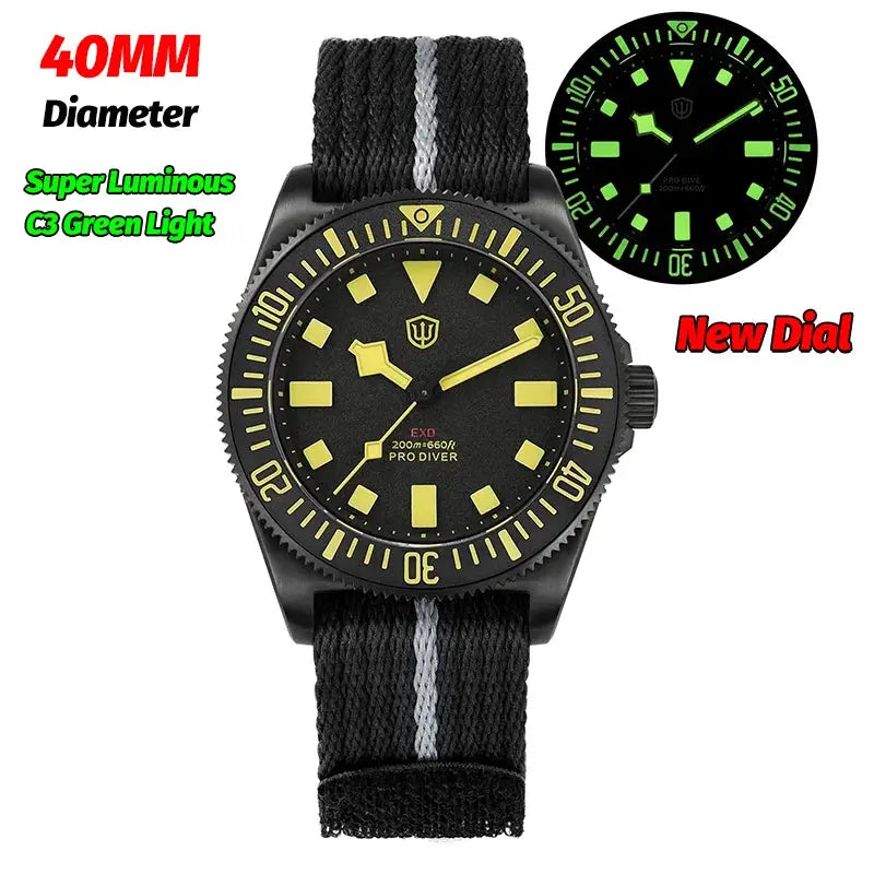 Watchdives EXD 40mm titanium dive watch on black NATO strap with luminous markers
