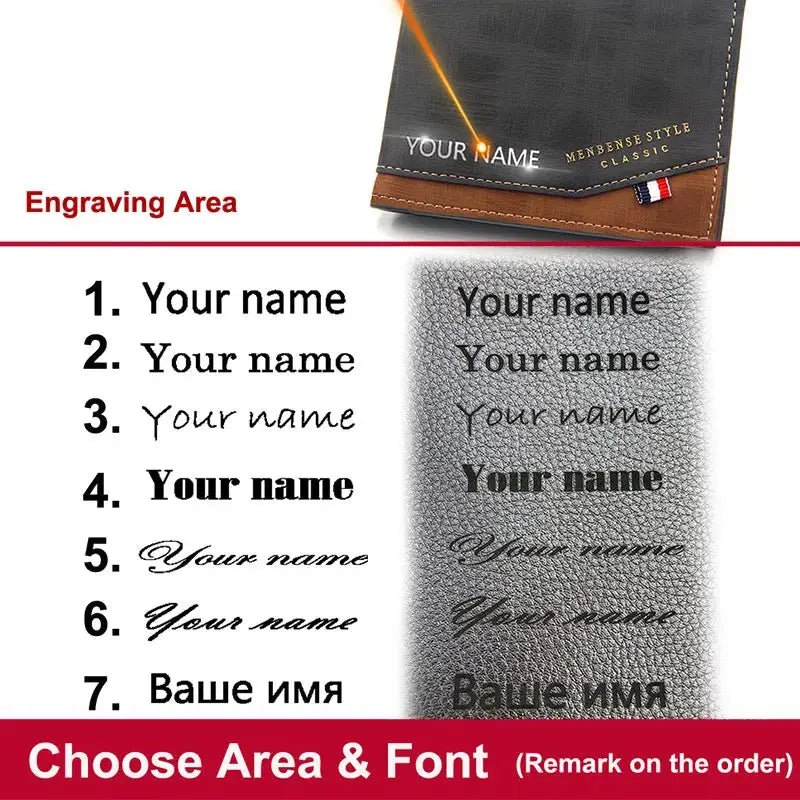 Men's slim leather wallet with engraving area, coin pocket and photo holder from Simples Market, black with brown trim