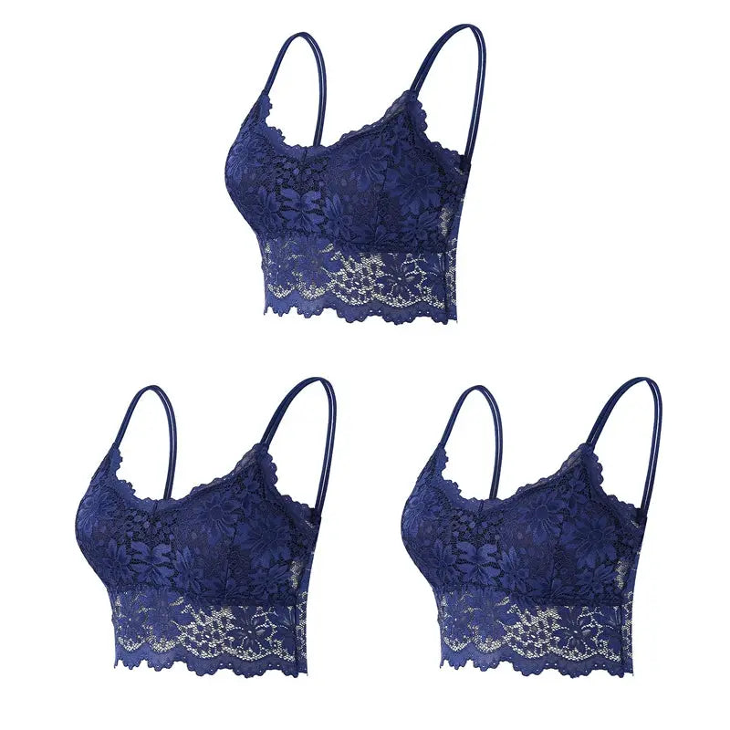3-piece navy blue lace bralette set with floral pattern and scalloped hems