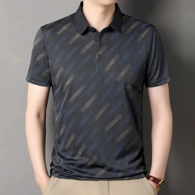 Men's polo shirt with short sleeves and diagonal striped print in dark navy gray.