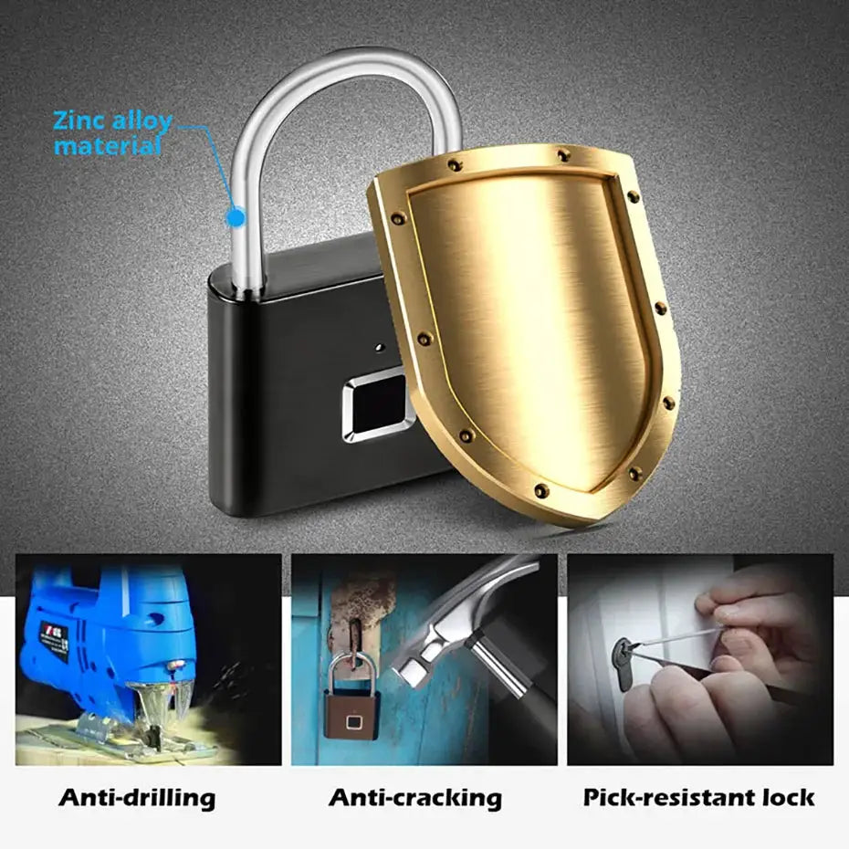 KERUI fingerprint padlock with USB charging, 0.2s unlock; zinc alloy body, waterproof anti-theft lock