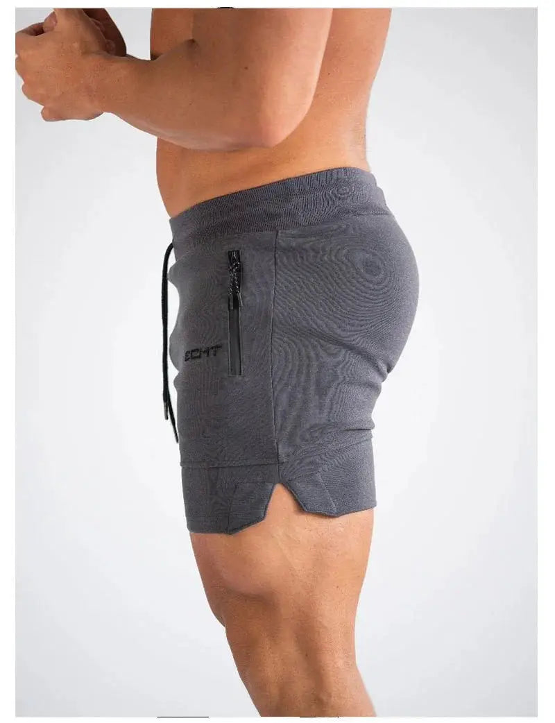 Men's gray athletic shorts with zipper side pocket, drawstring waist, curved slit hem