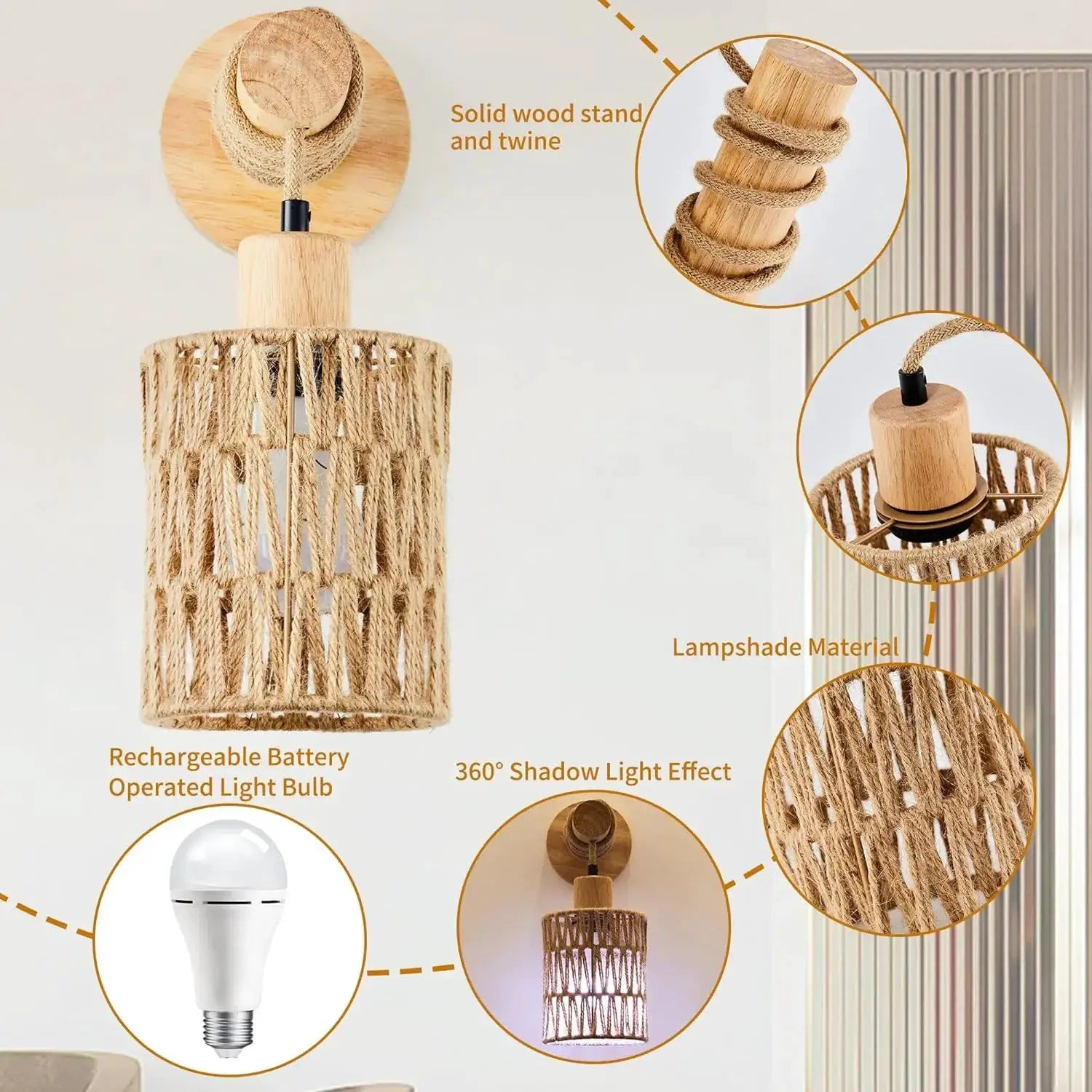 Hemp rope bedhead wall lamp with cylindrical natural rope shade and solid wood mount