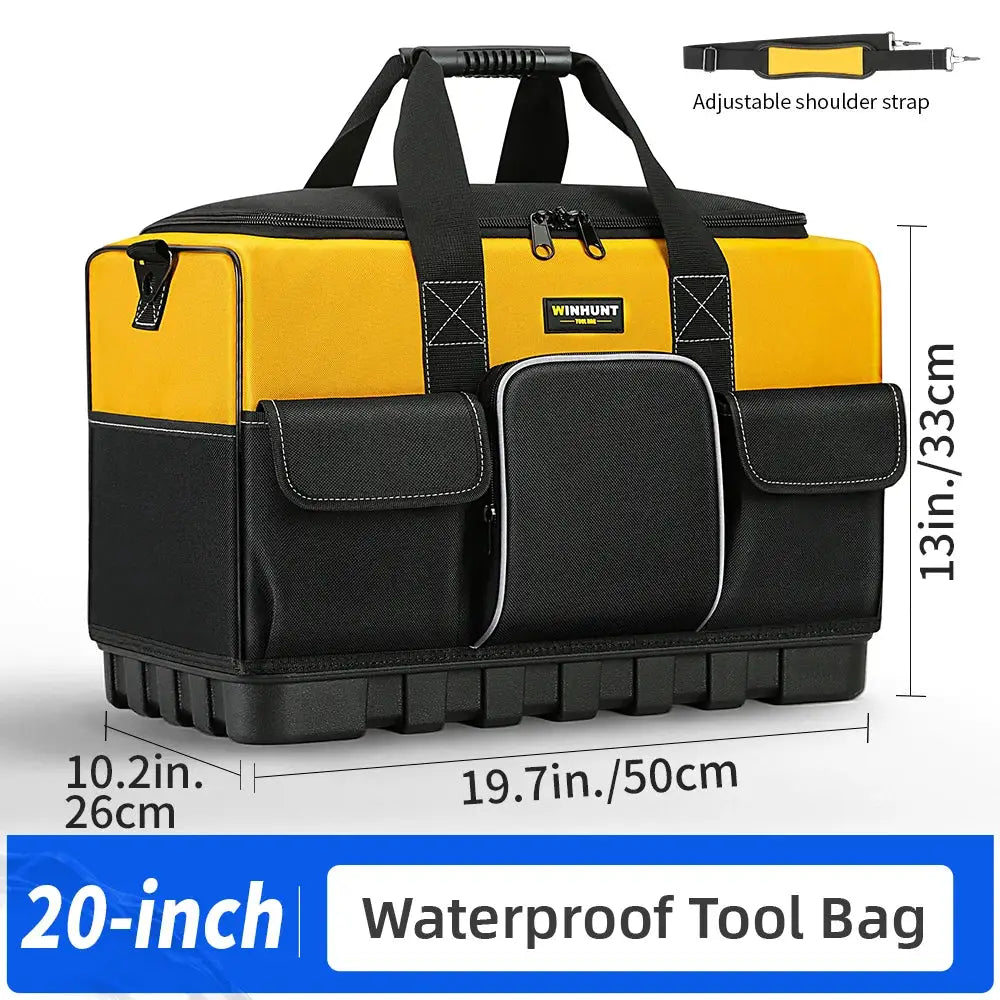 WINHUNT heavy-duty tool bag, yellow and black with wide mouth and molded bottom, adjustable shoulder strap.