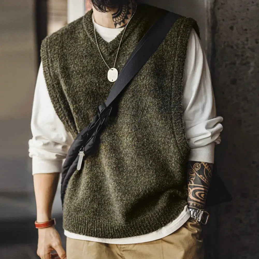 Men's olive-green wool-blend knitted V-neck vest for layering over a white long-sleeve shirt.