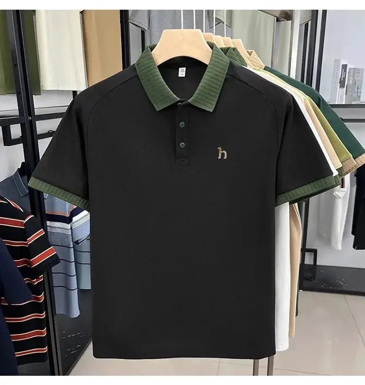 Simples Market men's black polo shirt with green ribbed collar and sleeve cuffs, small embroidered logo