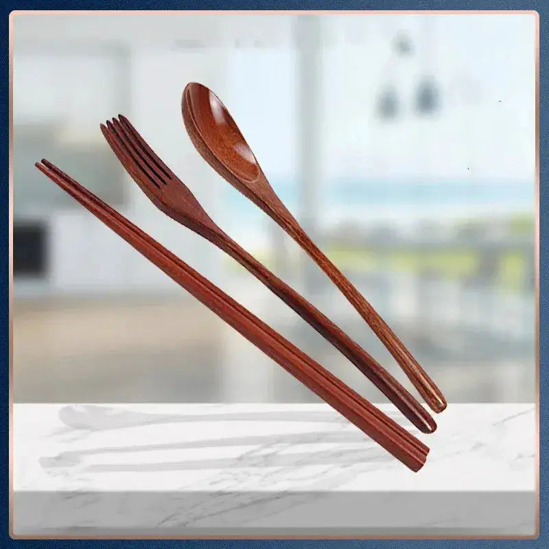 ZenWood Japanese Style Three Piece Wooden Cutlery Set With Chopsticks Fork Spoon Hygienic Safe Easy To Use