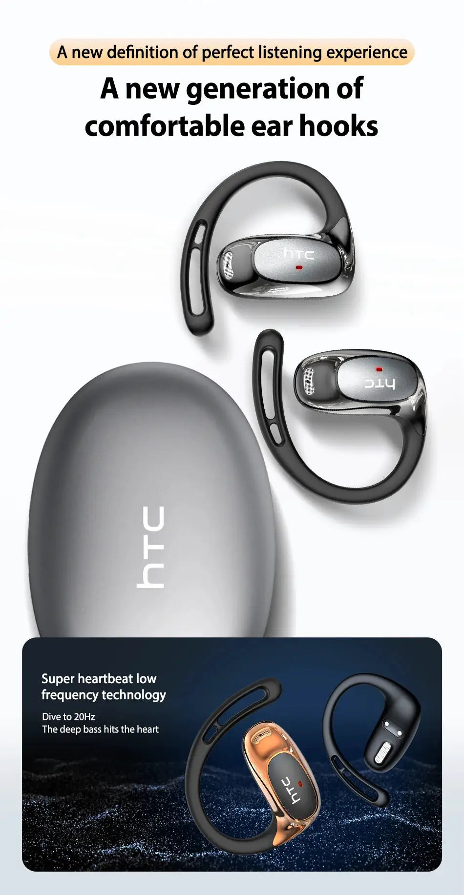 HTC NE35 Bluetooth wireless sport earphones with ear hooks; gray/silver with black accents