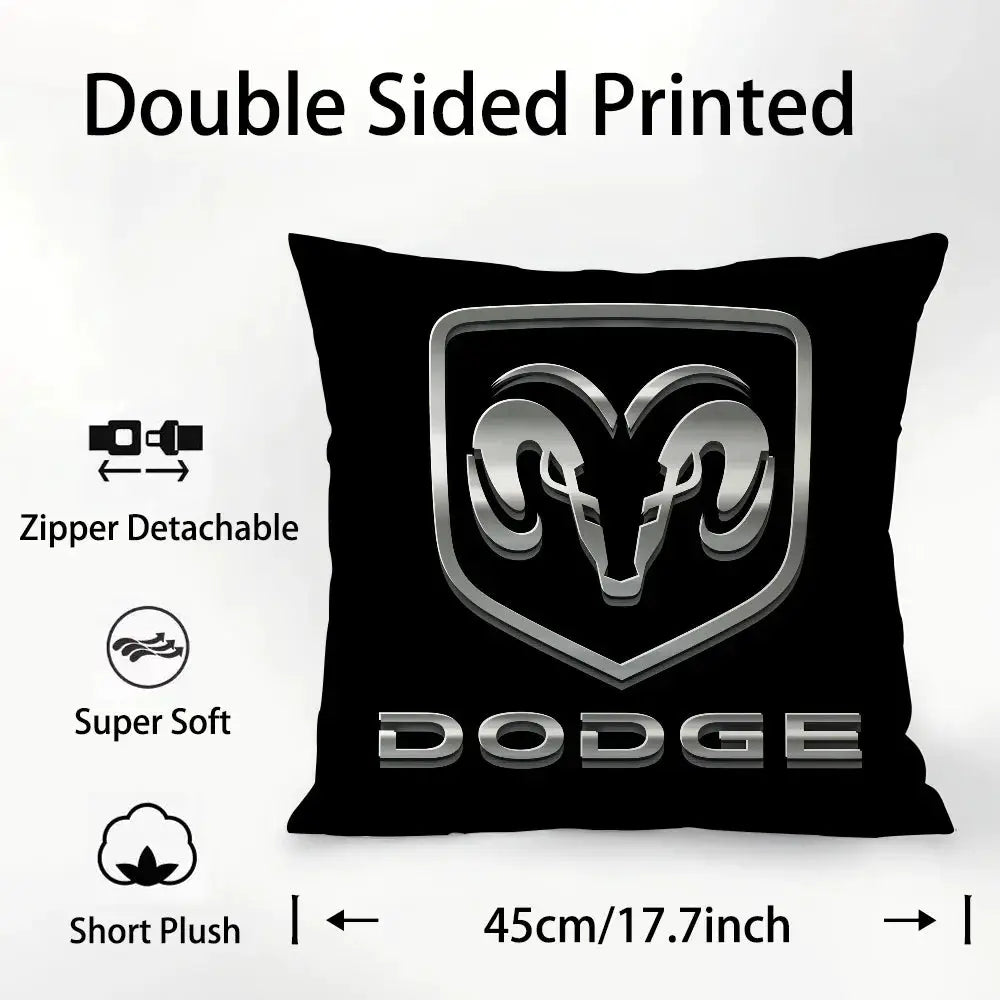 D-Dodges car logo pillow case by Simples Market; black double-sided print, plush fabric, zipper detachable.