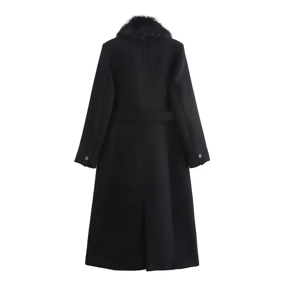 Women Aurora Belted Warm Fur Collar Coat Luxurious Style With Slimming Wide Waist For Autumn And Winter