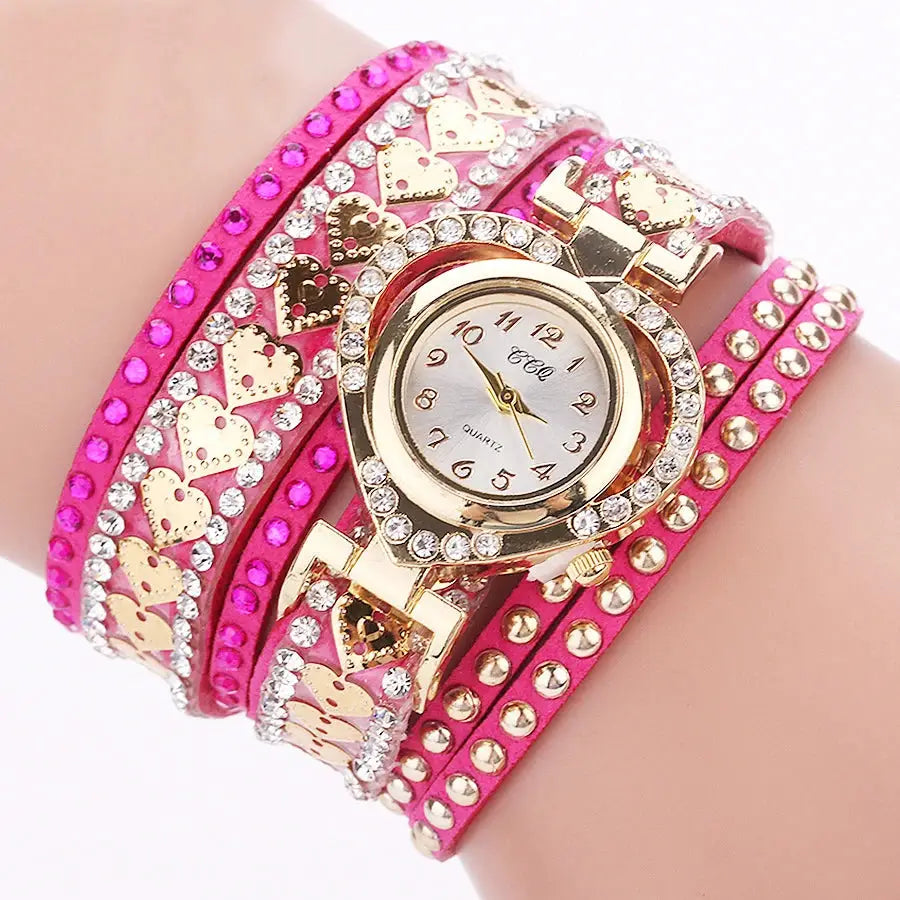 Womens wrap bracelet watch with rhinestone heart dial and pink velvet band by Simples Market