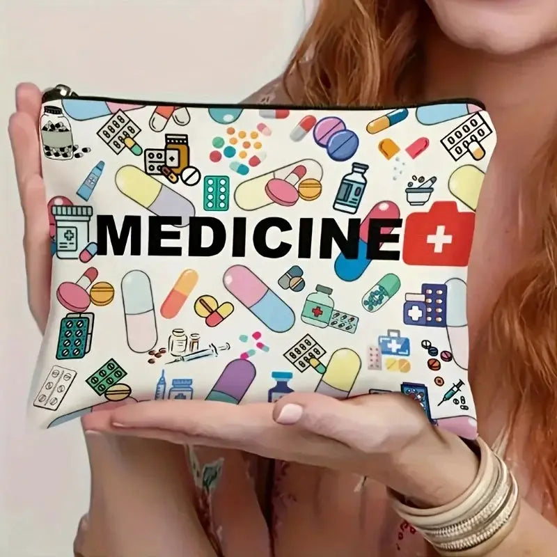 MedCare Essentials Medicine Themed Cosmetic Travel Bag Foldable Zippered Makeup Organizer For Healthcare Professionals