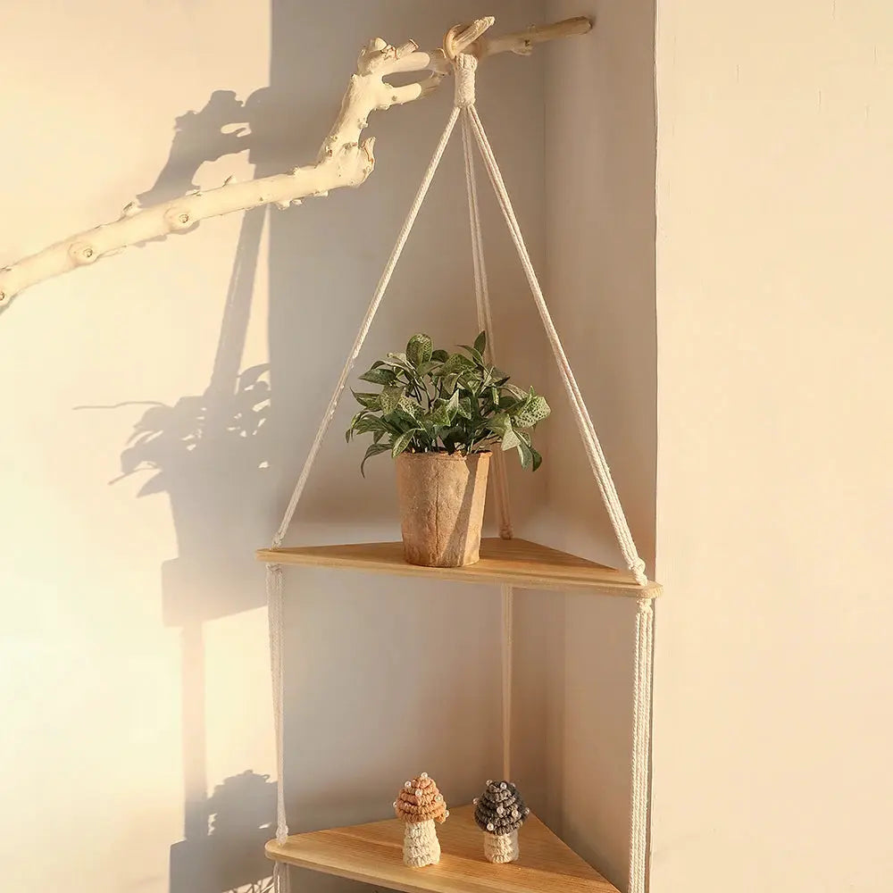 Floating wood triangle wall shelf with two tiers and rope hanging, plant on top and small decor below