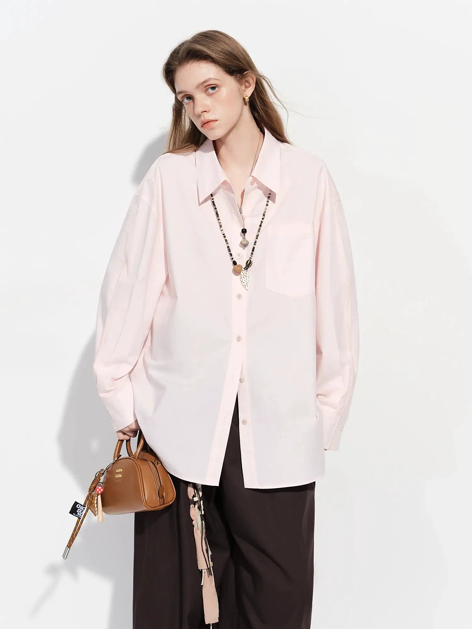 FSLE Premium Series women's pink cotton oversized shirt with long sleeves and chest pocket, Simples Market